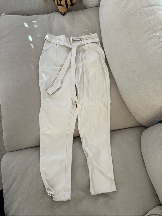 Lucy Paris Pants - Lucy Paris Faux Leather Cream Paperbag Waist Trousers with Self-Tie Belt